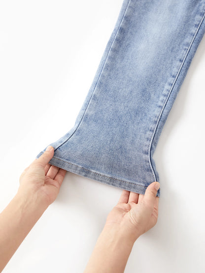 Solid Color Elastic Waist Soft Stretchy Comfortable Casual Jeans Cotton Bottoms with Pockets Light Blue