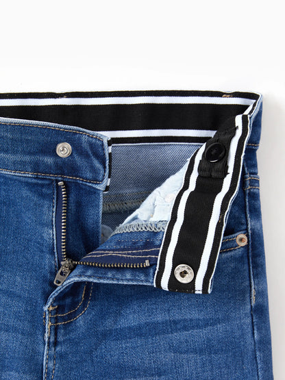 Solid Color Elastic Waist Soft Stretchy Comfortable Casual Jeans Cotton Bottoms with Pockets Blue