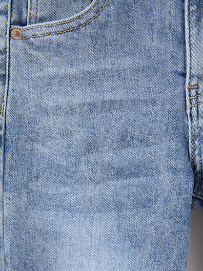 Solid Color Elastic Waist Soft Stretchy Comfortable Casual Jeans Cotton Bottoms with Pockets Light Blue