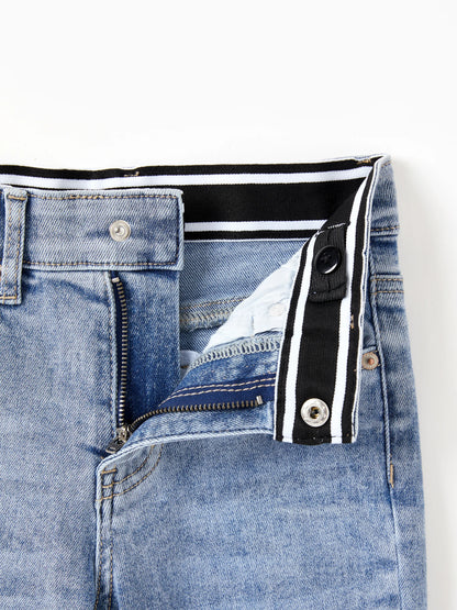 Solid Color Elastic Waist Soft Stretchy Comfortable Casual Jeans Cotton Bottoms with Pockets Light Blue
