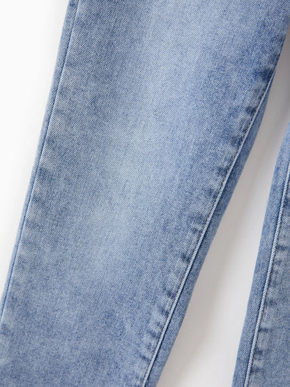 Solid Color Elastic Waist Soft Stretchy Comfortable Casual Jeans Cotton Bottoms with Pockets Light Blue
