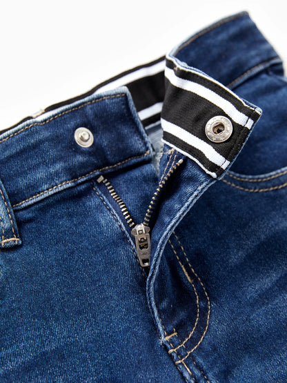 Solid Color Elastic Waist Soft Stretchy Comfortable Casual Jeans Cotton Bottoms with Pockets Deep Blue