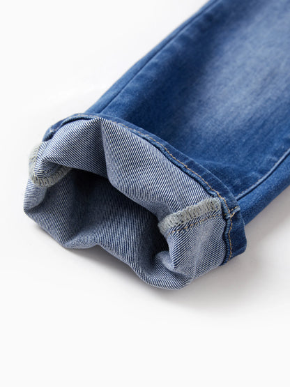 Solid Color Elastic Waist Soft Stretchy Comfortable Casual Jeans Cotton Bottoms with Pockets Blue