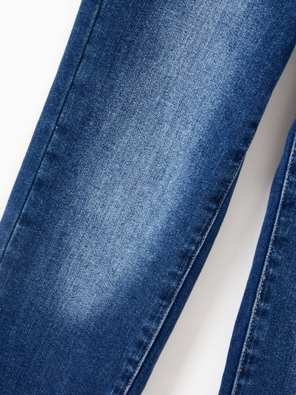 Solid Color Elastic Waist Soft Stretchy Comfortable Casual Jeans Cotton Bottoms with Pockets Deep Blue