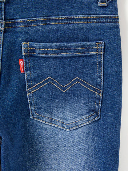 Solid Color Elastic Waist Soft Stretchy Comfortable Casual Jeans Cotton Bottoms with Pockets Blue