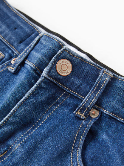 Solid Color Elastic Waist Soft Stretchy Comfortable Casual Jeans Cotton Bottoms with Pockets Blue