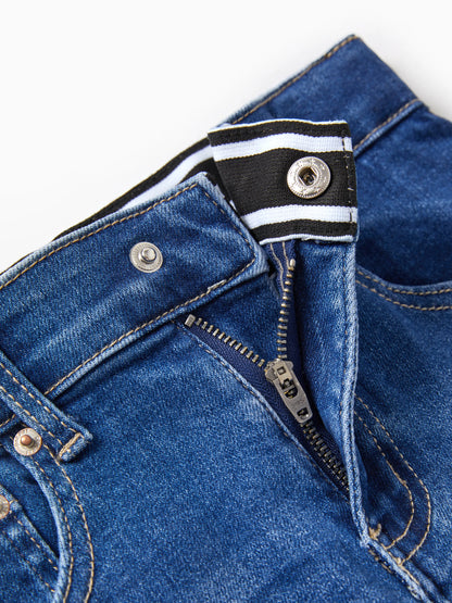 Solid Color Elastic Waist Soft Stretchy Comfortable Casual Jeans Cotton Bottoms with Pockets Blue