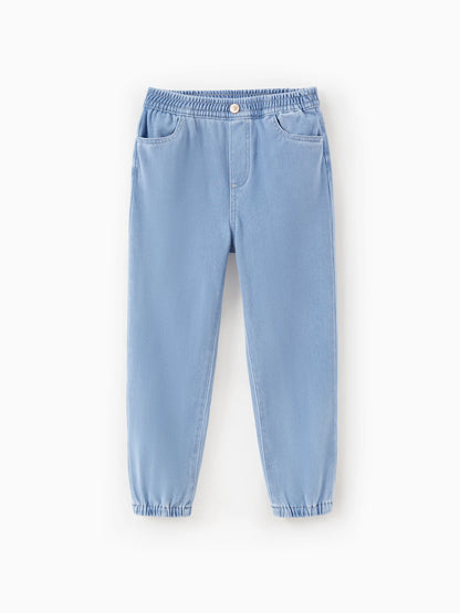 Kids Elastic Waist Denim Pants Soft Stretch Comfortable Everyday Jeans with Pockets Light Blue