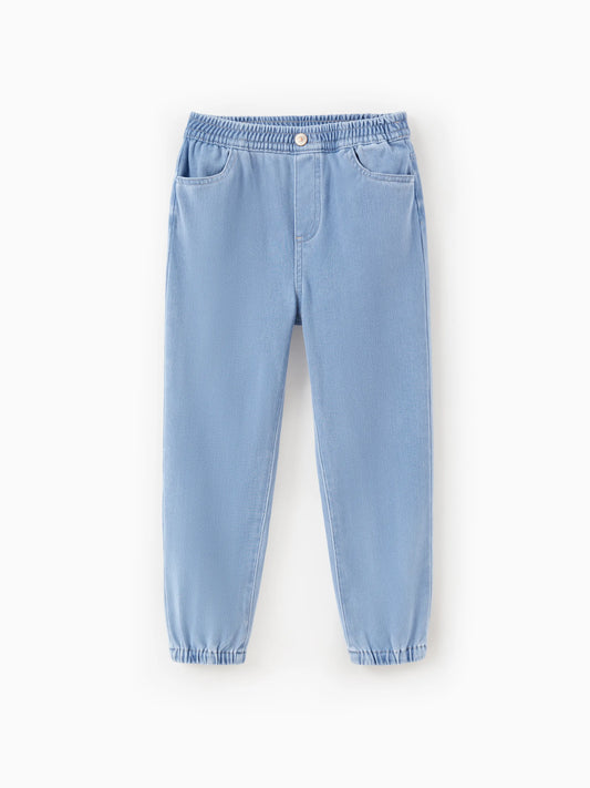 Kids Elastic Waist Denim Pants Soft Stretch Comfortable Everyday Jeans with Pockets Light Blue