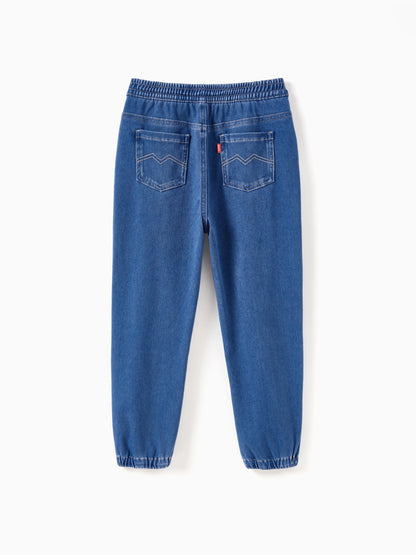 Kids Elastic Waist Denim Pants Soft Stretch Comfortable Everyday Jeans with Pockets Blue