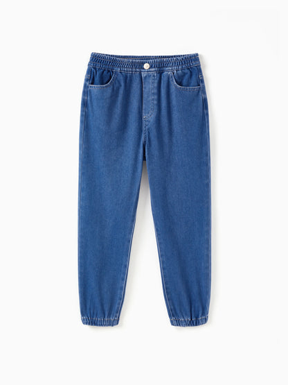 Kids Elastic Waist Denim Pants Soft Stretch Comfortable Everyday Jeans with Pockets Blue
