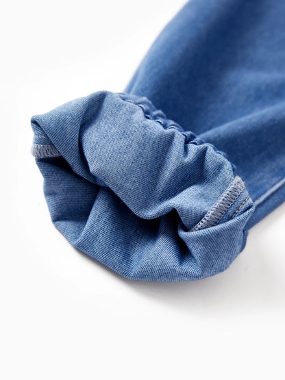 Kids Elastic Waist Denim Pants Soft Stretch Comfortable Everyday Jeans with Pockets Blue