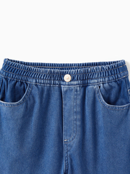 Kids Elastic Waist Denim Pants Soft Stretch Comfortable Everyday Jeans with Pockets Blue