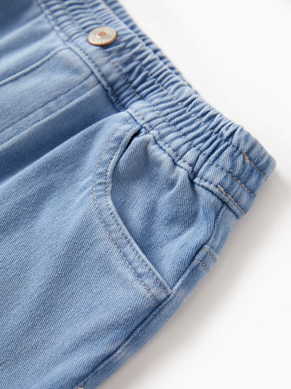 Kids Elastic Waist Denim Pants Soft Stretch Comfortable Everyday Jeans with Pockets Light Blue