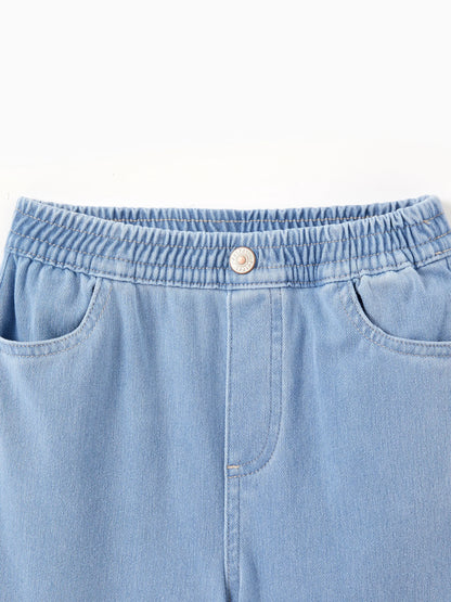 Kids Elastic Waist Denim Pants Soft Stretch Comfortable Everyday Jeans with Pockets Light Blue