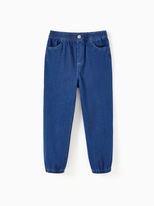 Kids Elastic Waist Denim Pants Soft Stretch Comfortable Everyday Jeans with Pockets Deep Blue