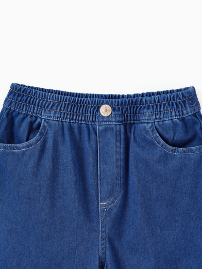 Kids Elastic Waist Denim Pants Soft Stretch Comfortable Everyday Jeans with Pockets Deep Blue
