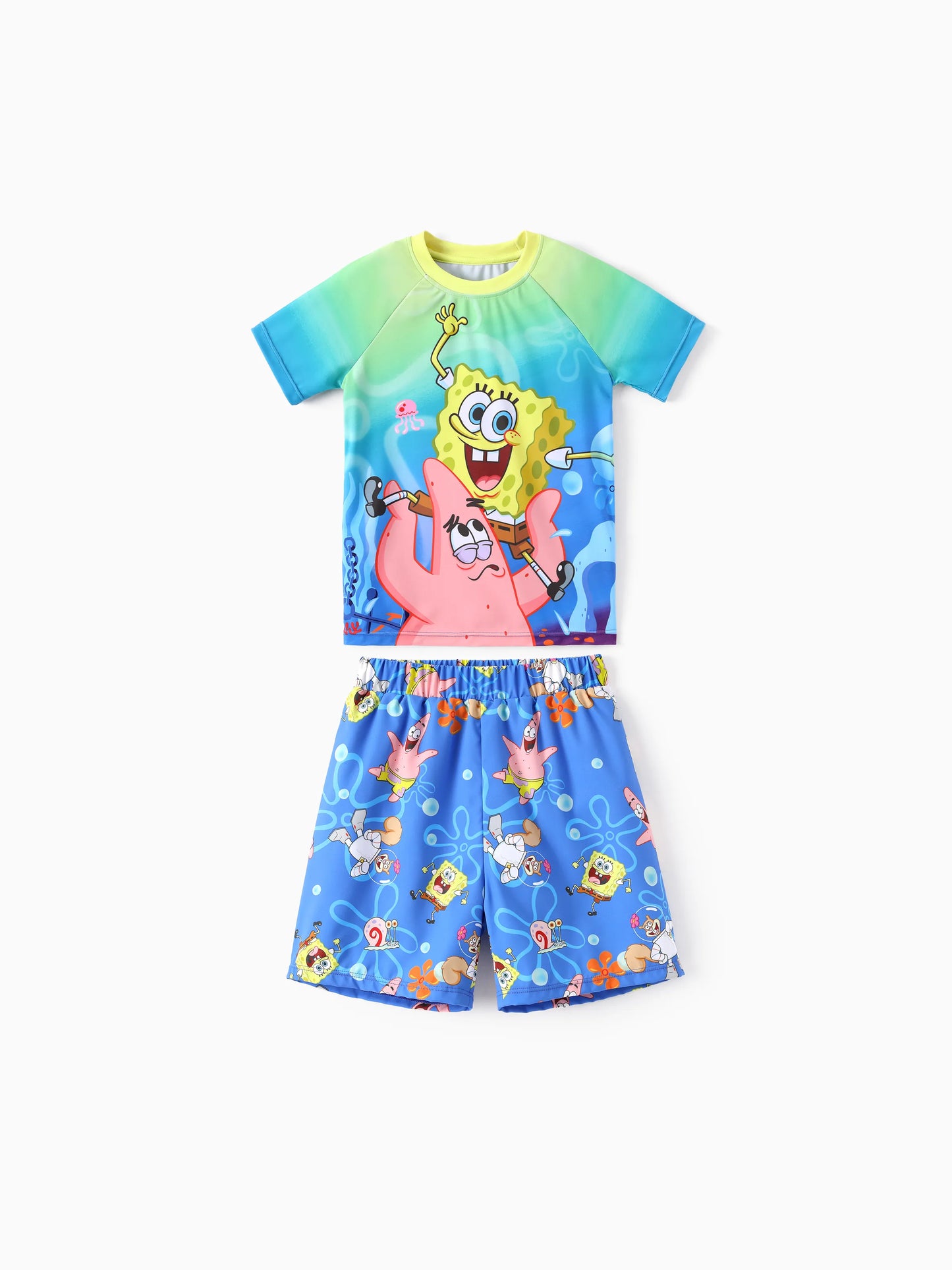 SpongeBob SquarePants Toddler/Kid Boy 2pcs UPF50+ Sea Life Print Tops and Trunks Swimsuit  Blue