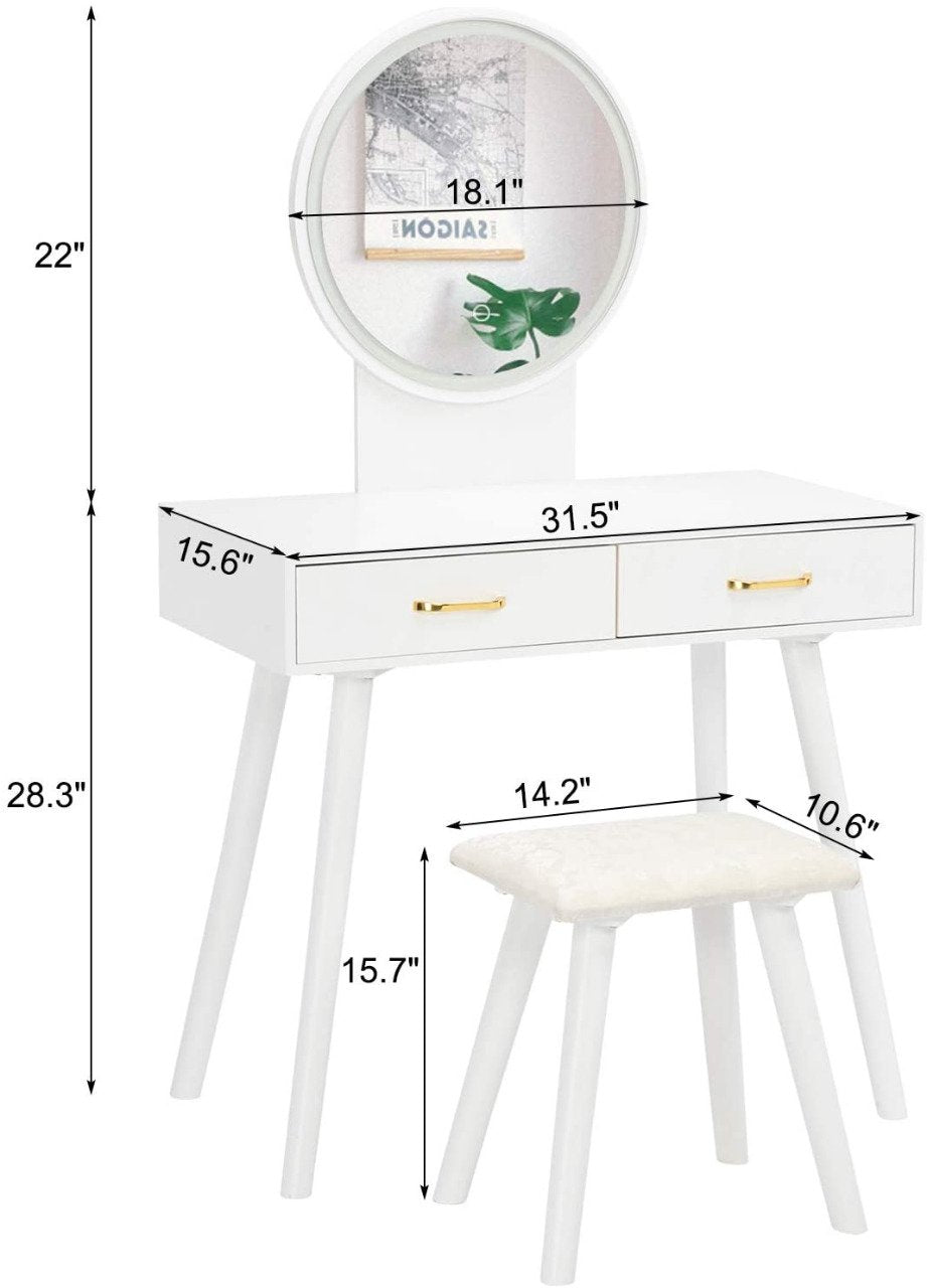 Round Mirror Dressing Table with Sliding Drawers & Cushioned Stool