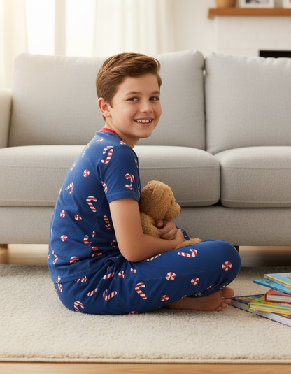 Toddler / Kids Christmas / Halloween PJS for Boys 3-Piece Bamboo Pajama Set 2-in-1 Look for 4 Seasons (Snug-Fitting) Deep Blue