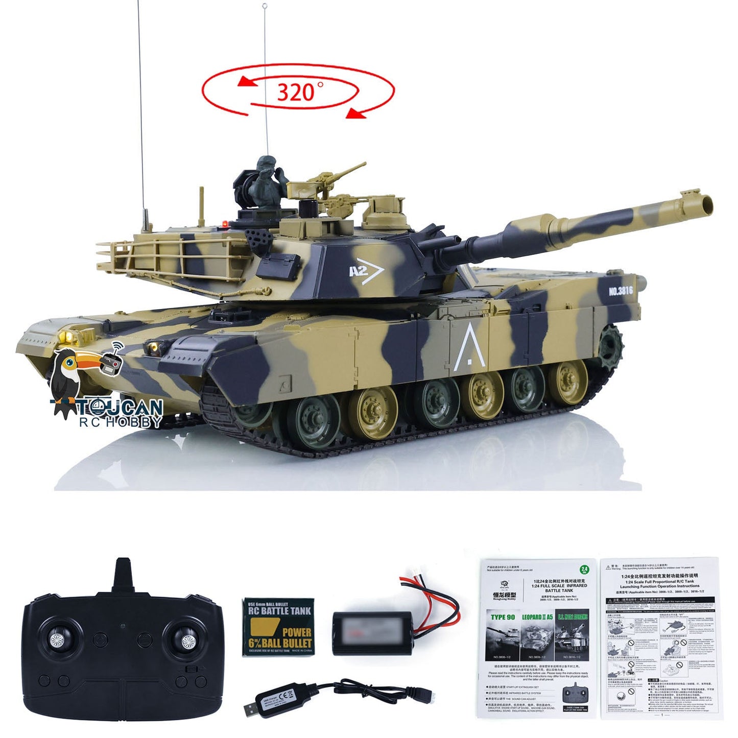 Heng Long 1/24 RC Tank Abrams M1A2 3816-2 2.4G Remote Control Battle Vehicle Panzer Simulation Model Painted Assembled