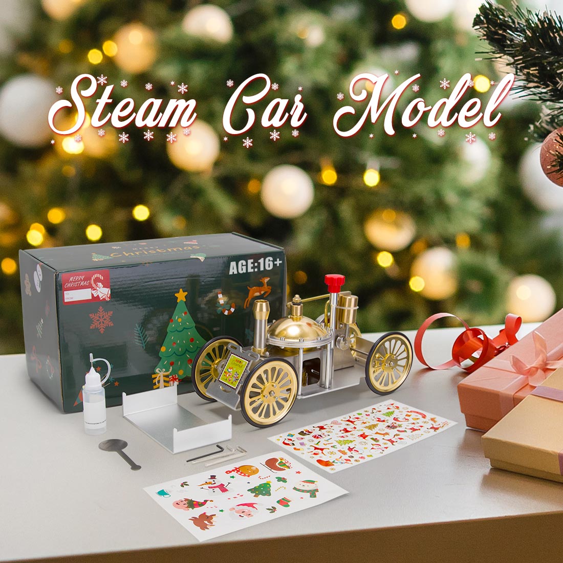 ENJOMOR Antique Metal Steam-Powered Car Model Retro Steam Engine Model Car STEM Toy Christmas Gift Collection