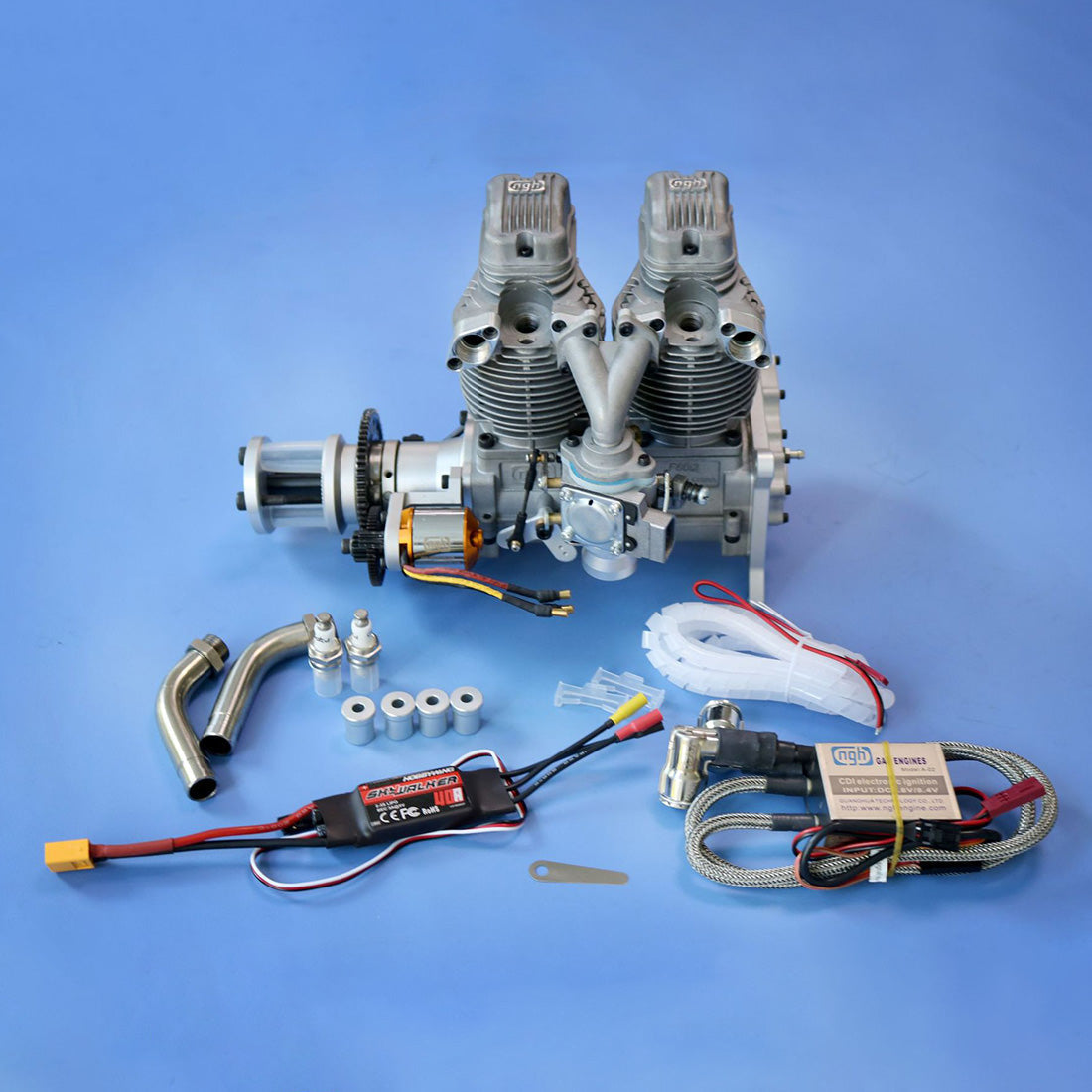NGH GF60i2-E 60cc Inline Twin-Cylinder Four-Stroke Air-Cooled Gasoline Engine Model with Electric Starter for Fixed-Wing RC Airplanes