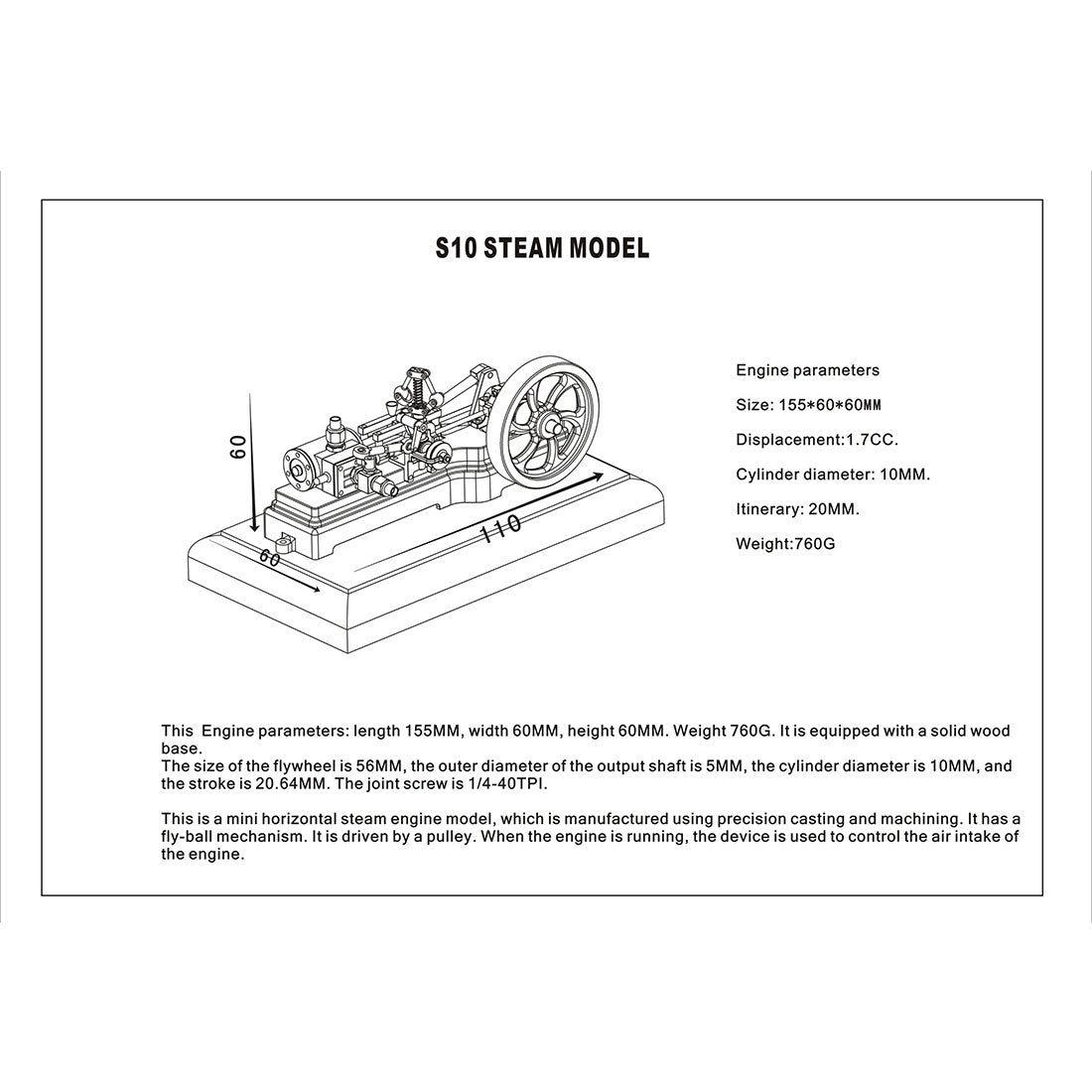 S10 1.7CC Mini Retro Horizontal Single-cylinder Reciprocating Double-acting Mill Steam Engine Model Toys with Speed Reducer