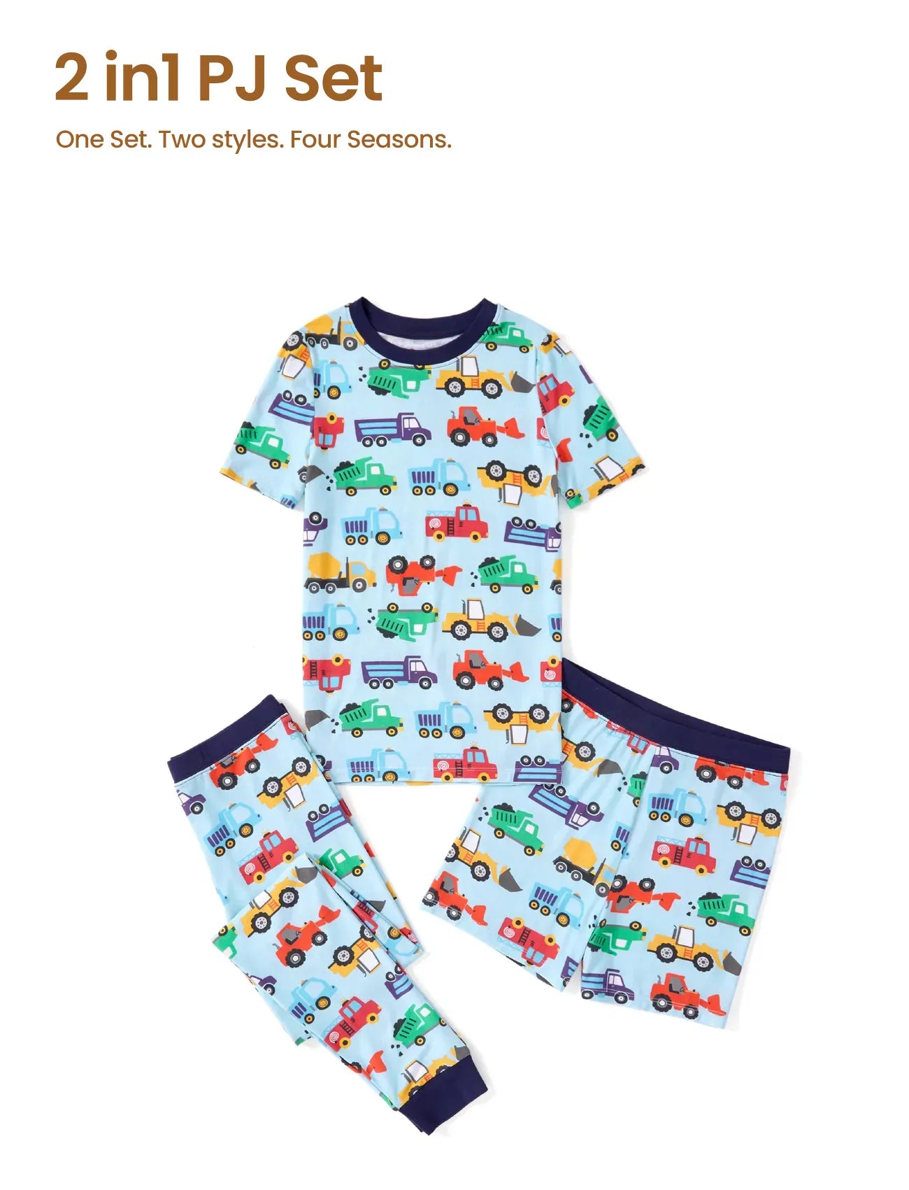 Toddler / Kids Christmas / Halloween Pajamas 3-Piece Bamboo Pajama Set 2-in-1 Look for 4 Seasons (Snug-Fitting) Light Blue