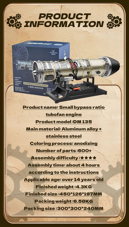 Turbofan Engine Model Kit that Works - Build Your Own Turbofan Engine - TECHING 1/10 Full Metal Electric Turbojet Engine Small Bypass Ratio Twin Rotor Aircraft Model DM135 600+Pcs